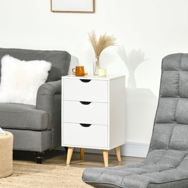 White 3-Drawer Bedside Cabinet with Wood Legs