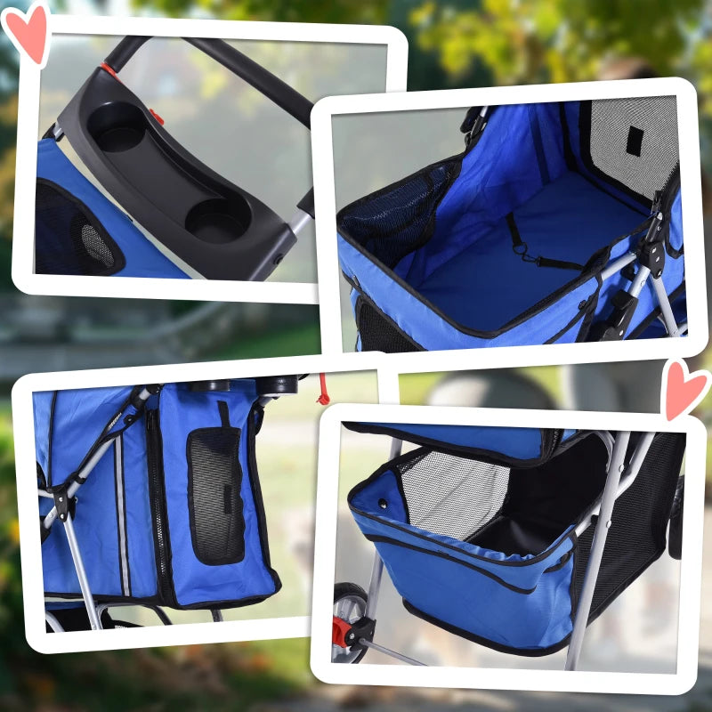 Blue Pet Travel Stroller for Small Dogs - 3-Wheel Puppy Carrier