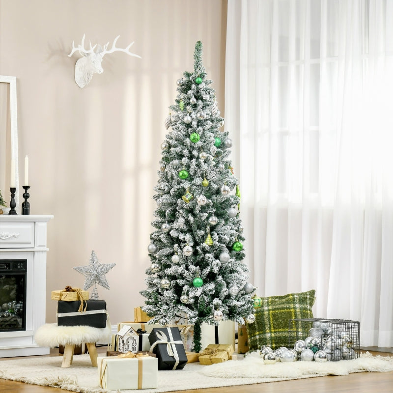 6 Ft Snow Flocked Green Christmas Pencil Tree, Realistic Branches, Auto Open