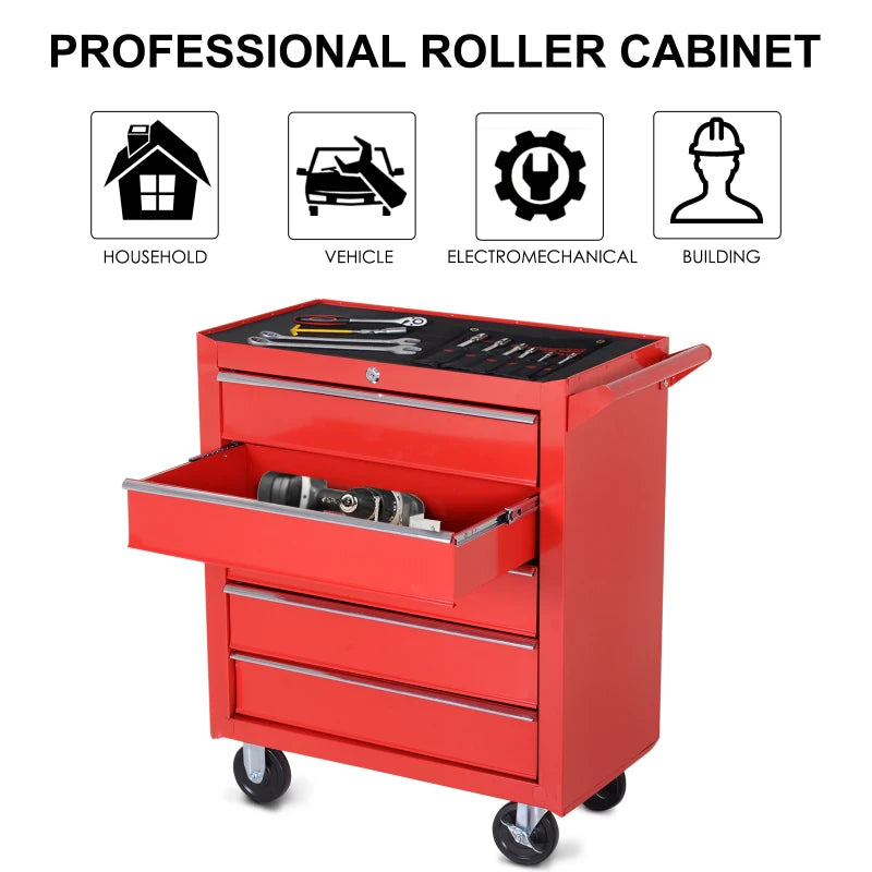 Red 5-Drawer Tool Cabinet Storage Box with Wheels and Handle