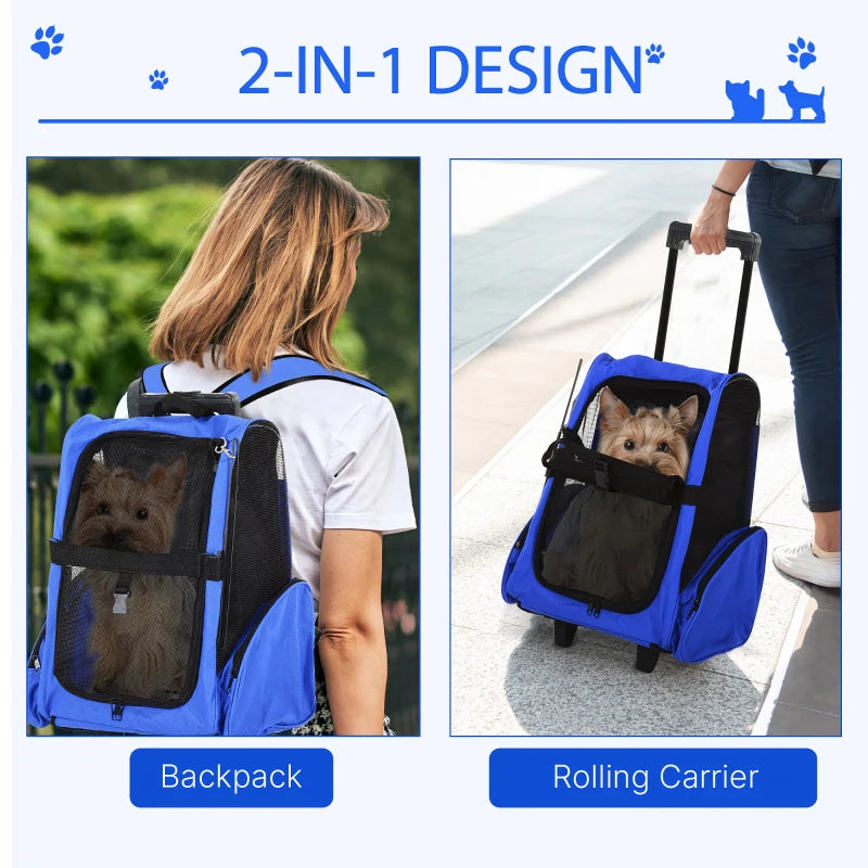 Blue Pet Travel Backpack with Trolley and Telescopic Handle