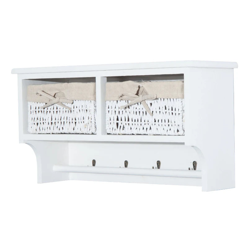White Wall Mounted Coat Rack with Baskets and Hooks