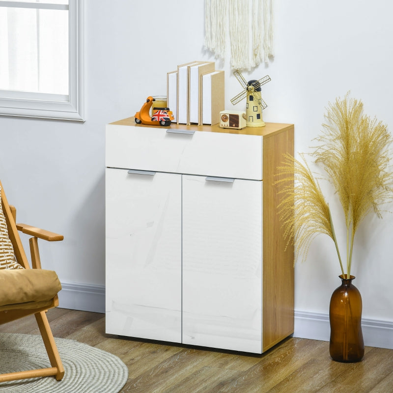 Modern White and Natural Slim Storage Cabinet with Drawer and Cupboard