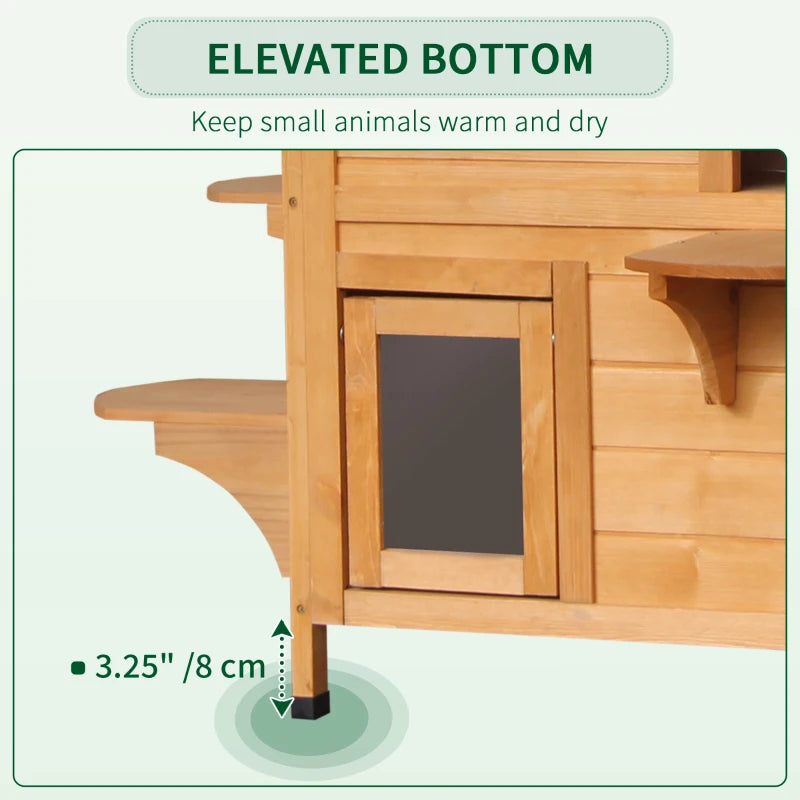 Wooden 2-Story Outdoor Cat House - Weatherproof, Natural Wood Finish