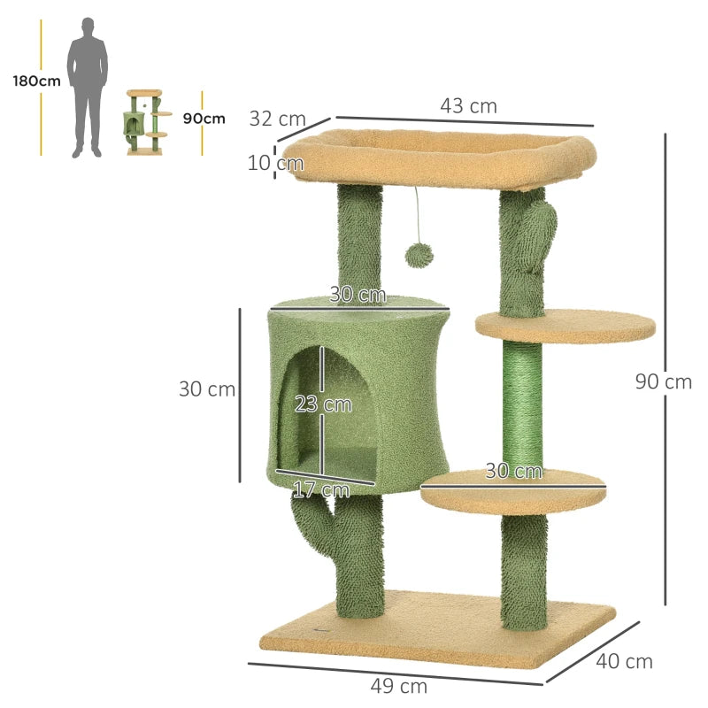 Green Cactus Cat Tree with Teddy Fleece House & Scratching Posts