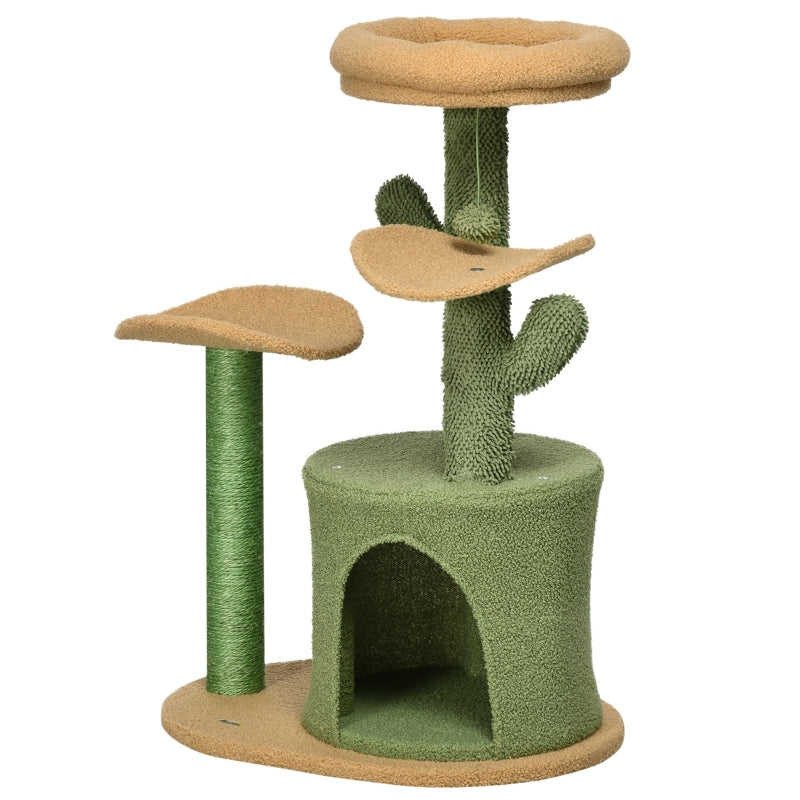 Green Cactus Cat Tree with Teddy Fleece House & Scratching Post