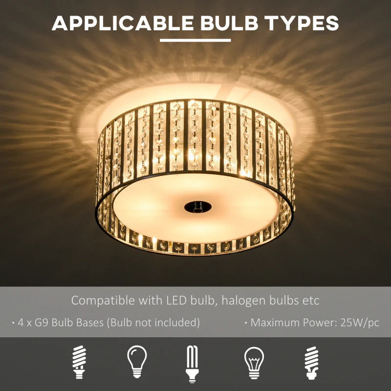 Modern Crystal Chandelier Ceiling Light, Double Layer Lampshade, Round Pendant - Silver, 4 G9 Bulbs, 35cm