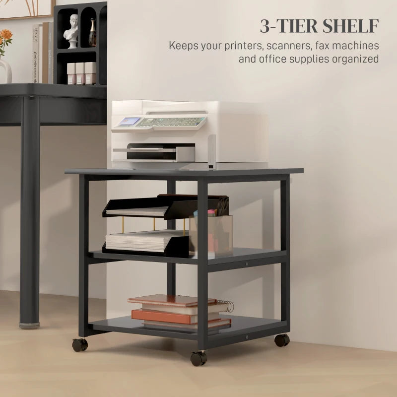 Black 3-Tier Steel Printer Stand with Wheels