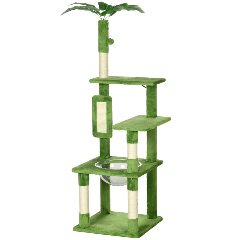 Green Cat Tree Tower with Scratching Post, Hammock, Toy Ball - 142cm