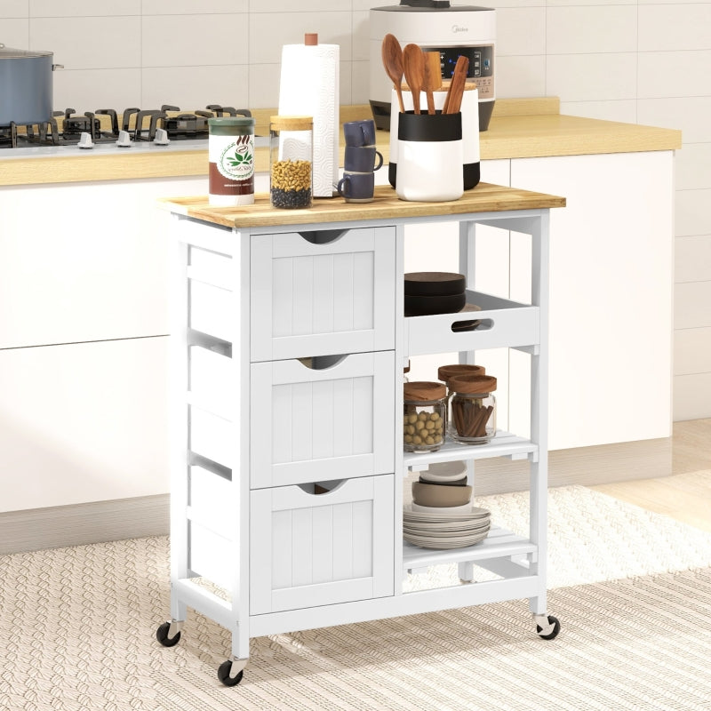 White Rolling Kitchen Island Cart with Shelves & Drawers