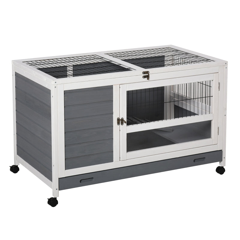 Grey Wooden Indoor Rabbit Hutch with Wheels - 102 x 60 x 63.5cm