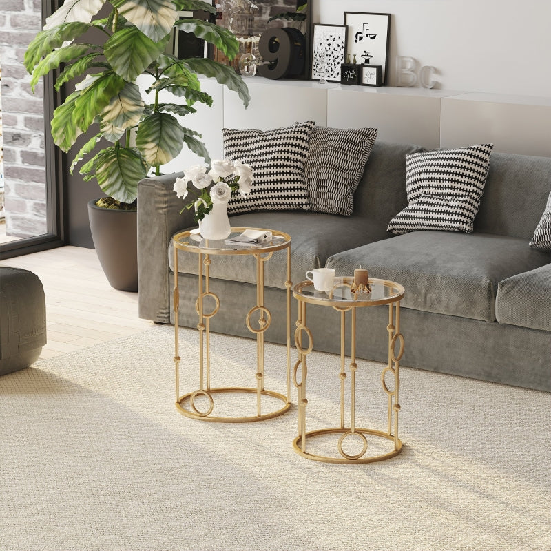 Gold Round Nesting Coffee Tables Set of 2 with Glass Top