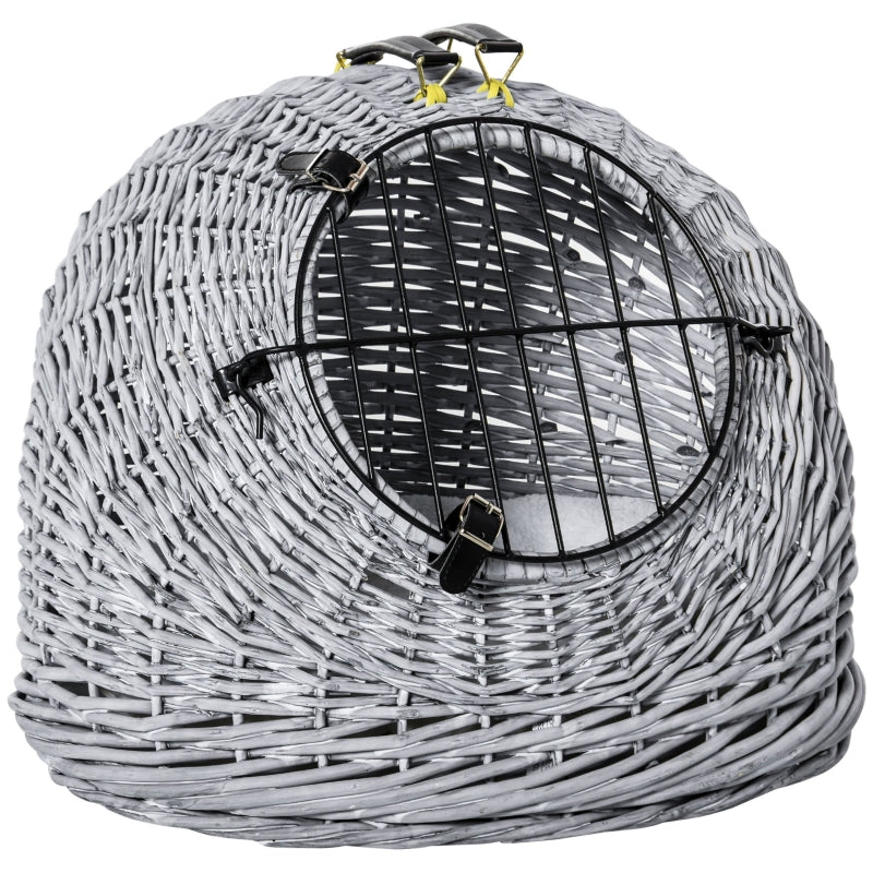 Grey Wicker Cat Travel Basket with Plush Cushion