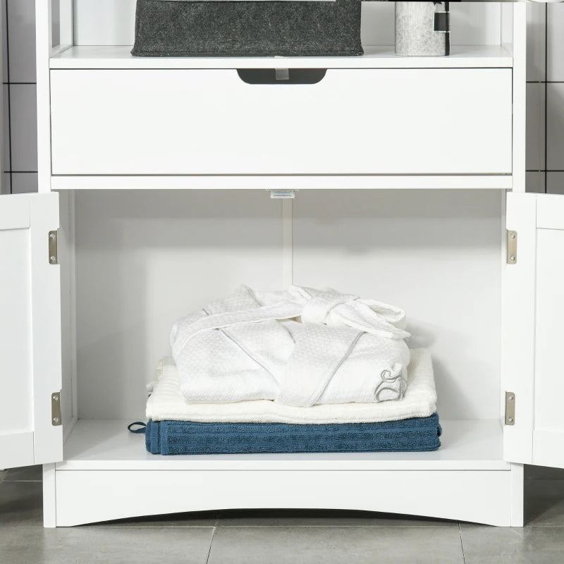 White Bathroom Floor Cabinet with Shelves, Drawer, and Doors