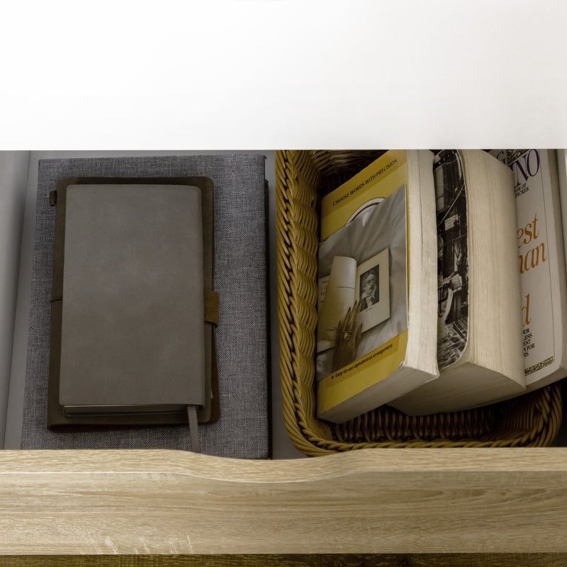 Modern White and Oak Bookcase with Drawers and Open Shelf