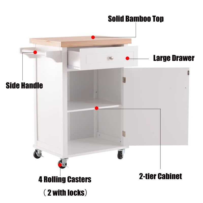 White Kitchen Storage Trolley with Drawer and Cupboard