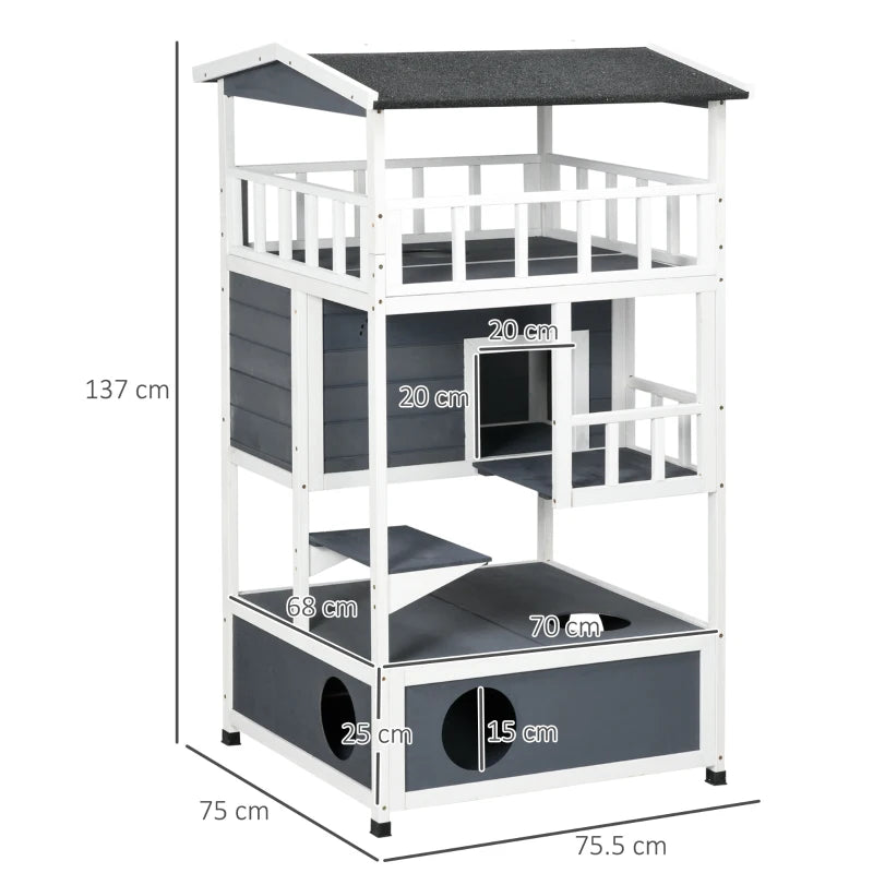 Grey Wooden 3-Tier Outdoor Cat House with Tilted Roof and Waterproof Paint