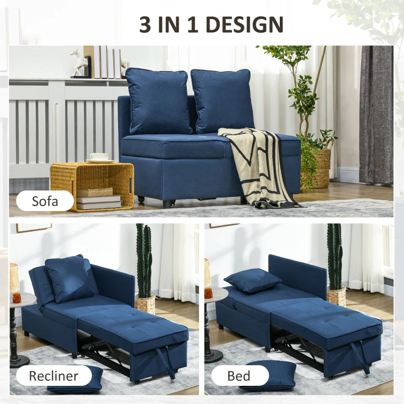 Blue Convertible Single Sofa Bed with Thick Padded Seat, 3-in-1 Multi-Functional Sleeper Chair Bed