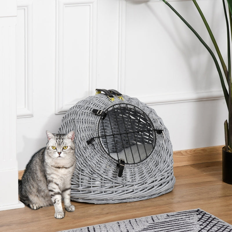 Grey Wicker Pet Carrier Basket with Soft Cushion Handle - 50 x 40 x 40 cm