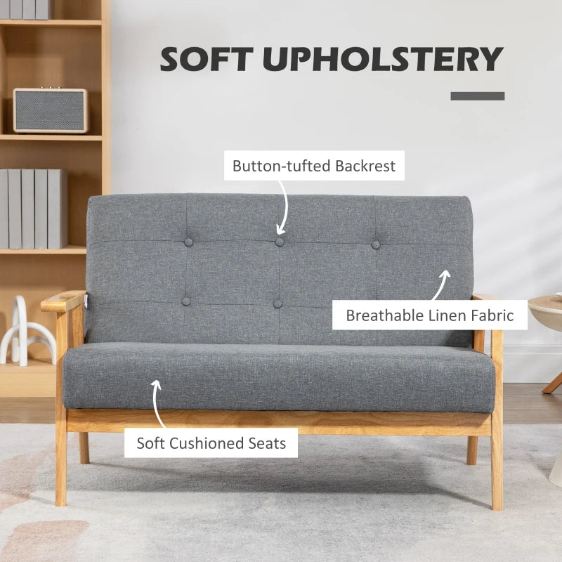 Modern Dark Grey 2-Seat Linen Sofa with Tufted Upholstery