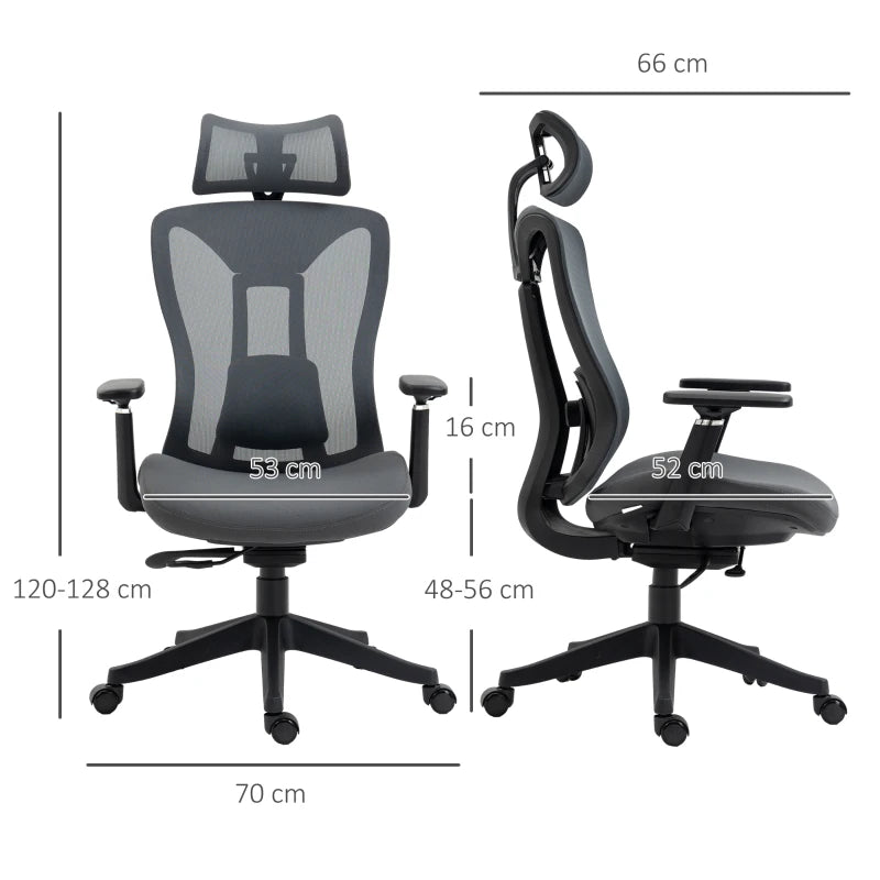 Grey Ergonomic Mesh Office Chair with Adjustable Headrest and Lumbar Support