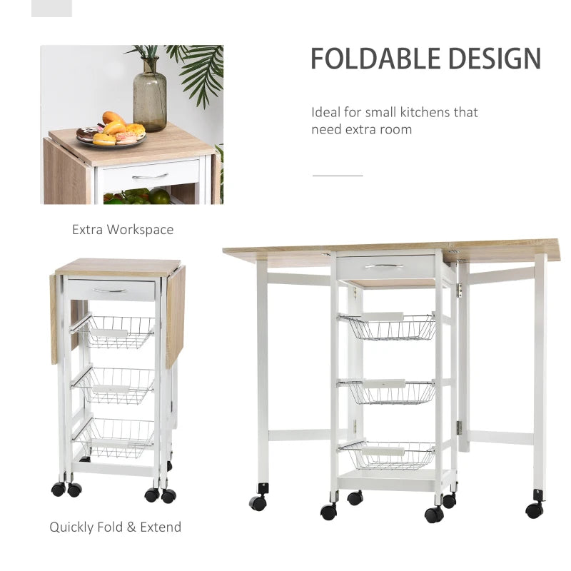 White Oak Drop-Leaf Kitchen Cart Trolley with Baskets and Drawer