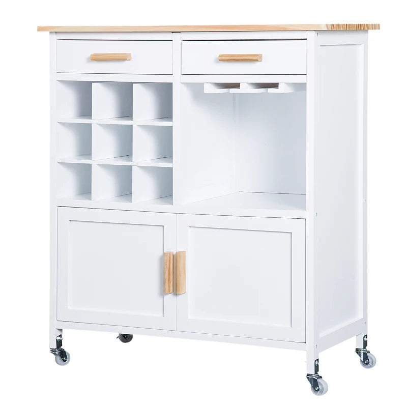 Rolling Kitchen Cart Sideboard Island - White Portable Storage Cabinet with Wine Racks