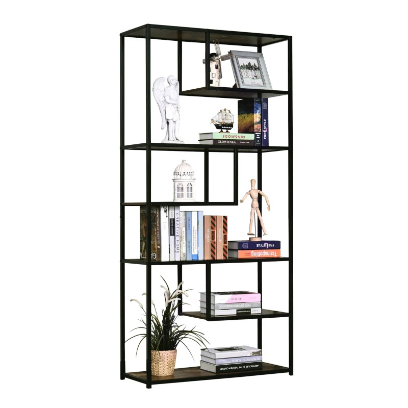 Industrial 6-Tier Tall Bookcase, Steel Frame, Rustic Brown/Black, 82x33.5x175cm