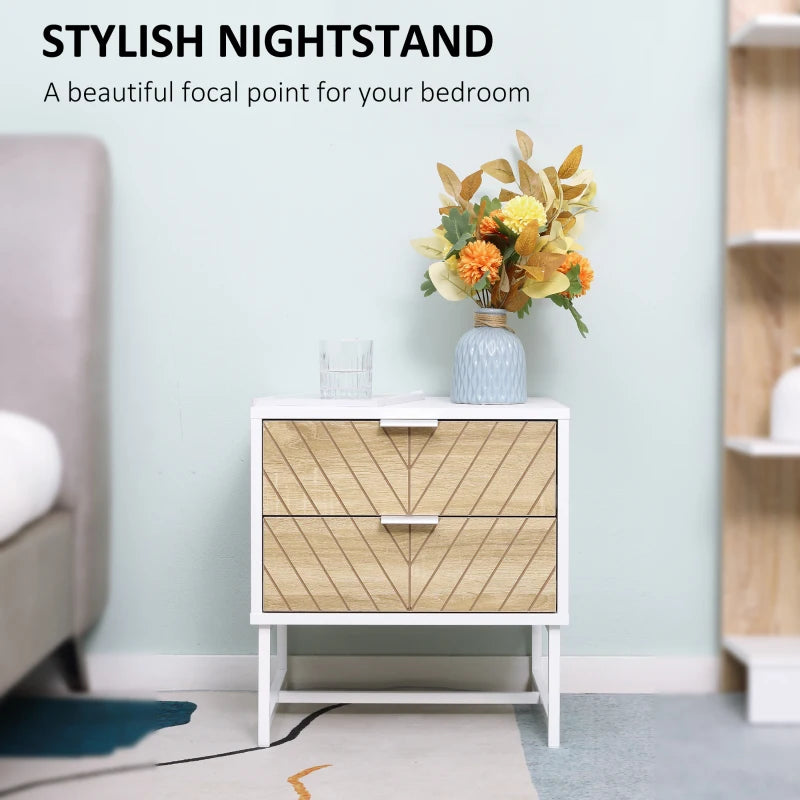 Modern White and Oak 2-Drawer Bedside Table with Metal Frame