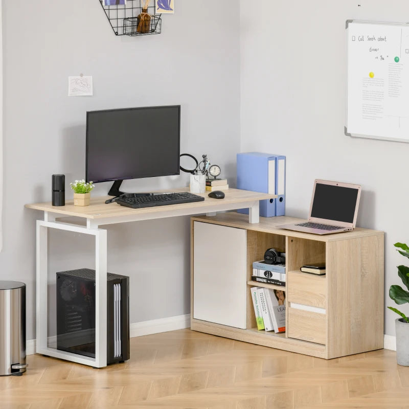 Oak Beige L-Shaped Computer Desk with Storage Shelf