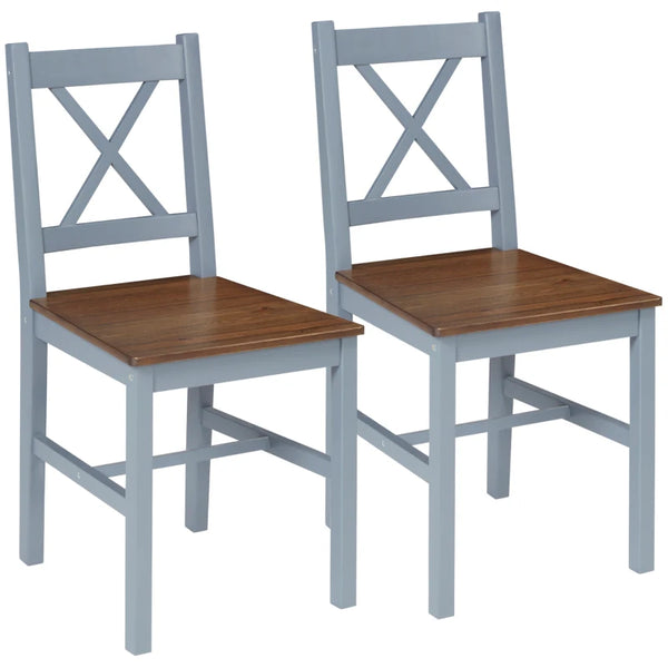 Grey Pine Wood Cross Back Dining Chairs Set of 2