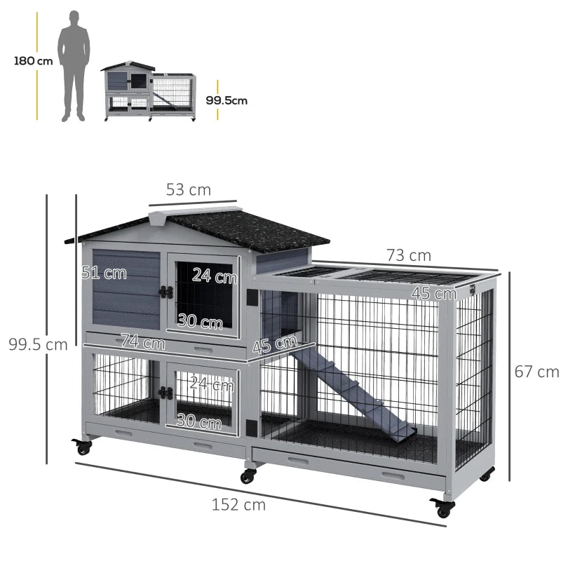 Grey Portable Rabbit Cage with Run, Wheels, Ramp - Indoor/Outdoor