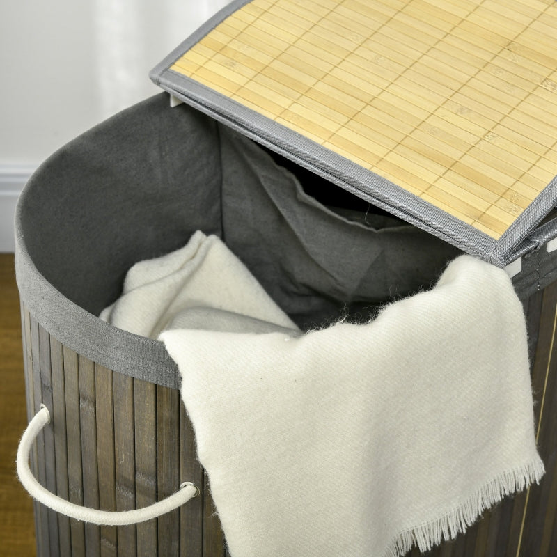 Grey Bamboo Laundry Basket with Lid, 100L, 2 Sections, Washable Lining, 62.5 x 37 x 60.5cm