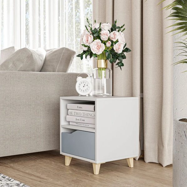 Modern White and Grey Bedside Table with Drawer and Shelf