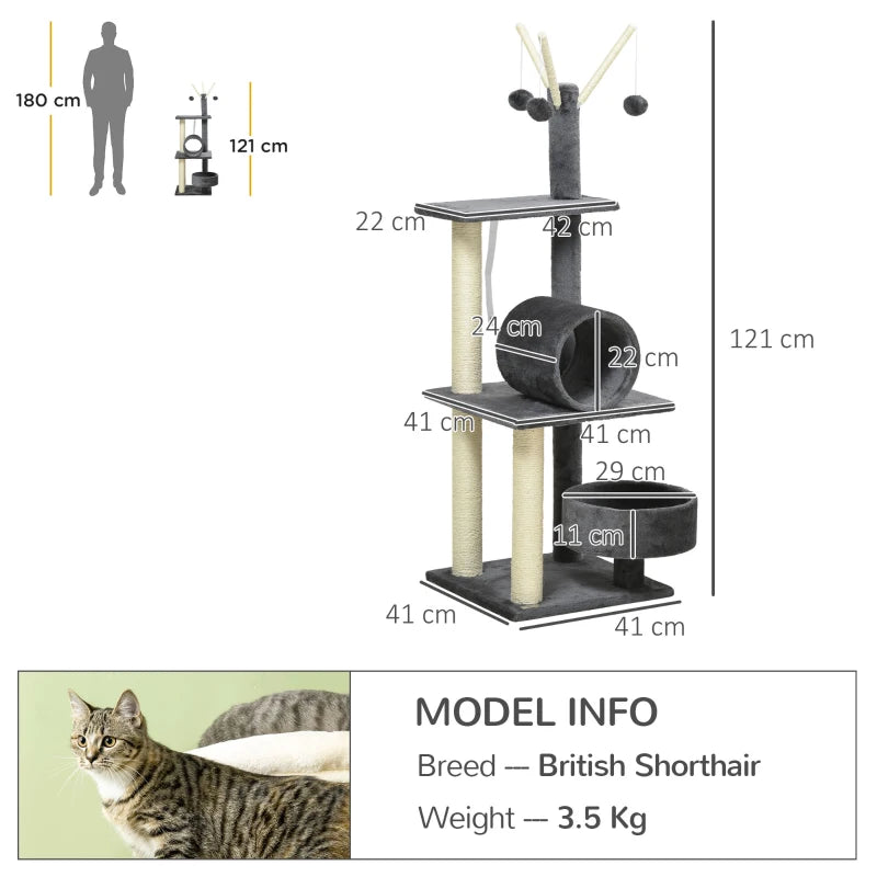 Grey Cat Tree Tower with Scratching Post and Interactive Toys