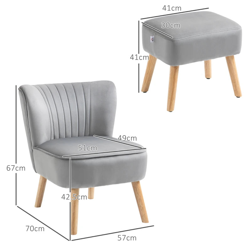 Light Grey Velvet Accent Chair with Ottoman - Curved Back, Wood Frame Legs