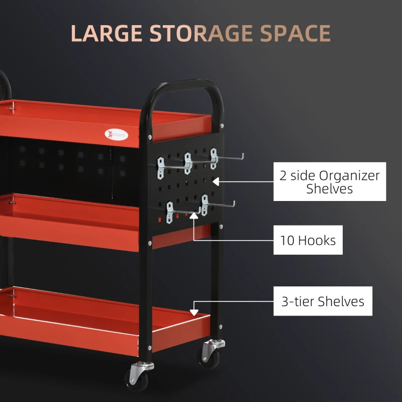 Red 3 Tier Tool Cart Storage Trolley with 10 Hooks - 100 kg Capacity