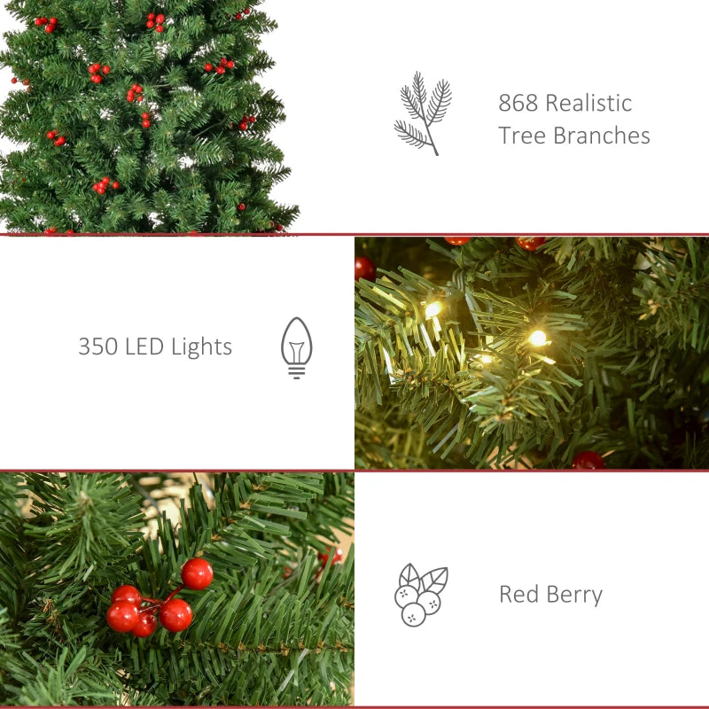 7FT Pre-lit Green Pencil Christmas Tree with Warm White LED Lights and Red Berries