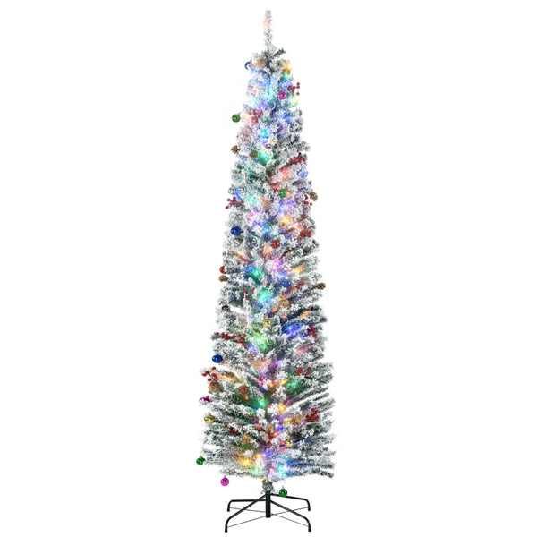 7.5' Pre-lit Flocked Christmas Tree with Warm White LED Lights, Berries, Pine Cones - Green