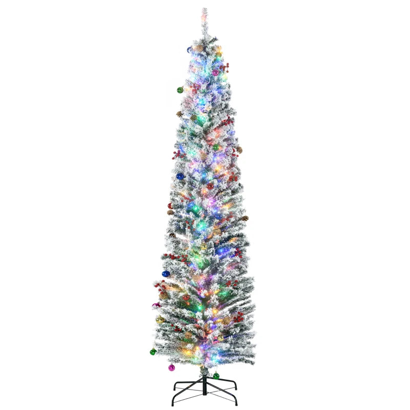 7.5' Pre-lit Flocked Christmas Tree with Warm White LED Lights, Berries, Pine Cones - Green