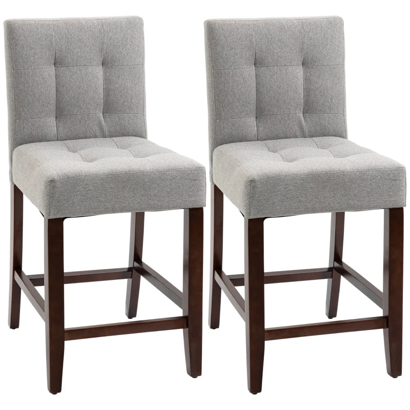 Grey Fabric Bar Stools Set of 2, Tufted Back, Wood Legs