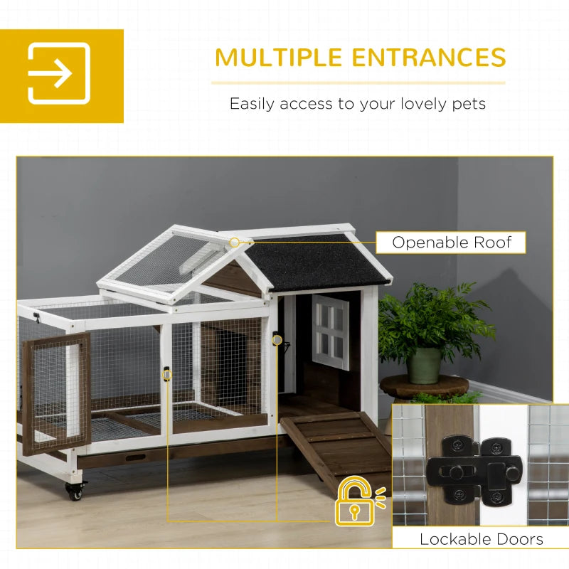 Brown Wooden Rabbit Hutch with Removable Tray and Wheels