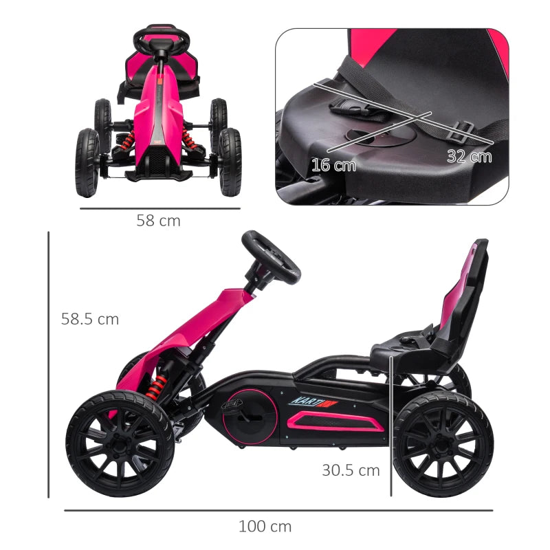 Kids Pink Pedal Go Kart with Adjustable Seat and Handbrake