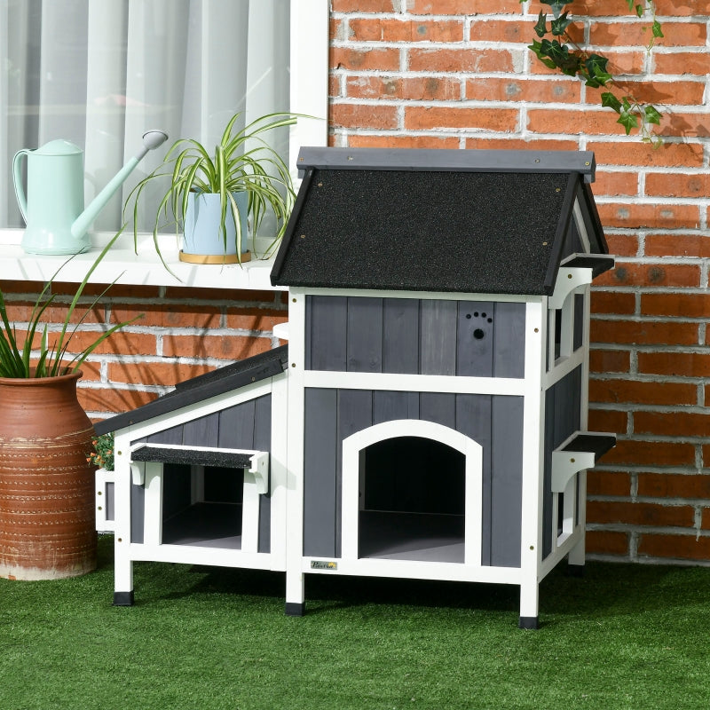 Grey Wooden Outdoor Cat House with Flower Pot and Multiple Entrances