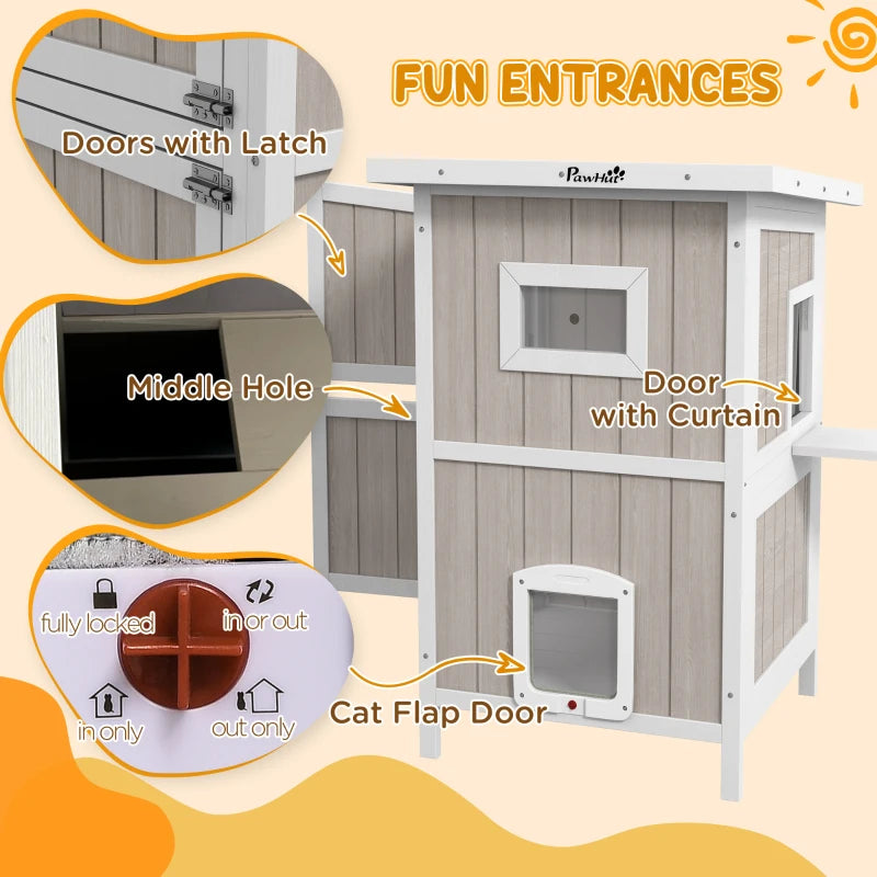 Wooden 2-Tier Cat Shelter with Escape Doors & Asphalt Roof - Light Grey