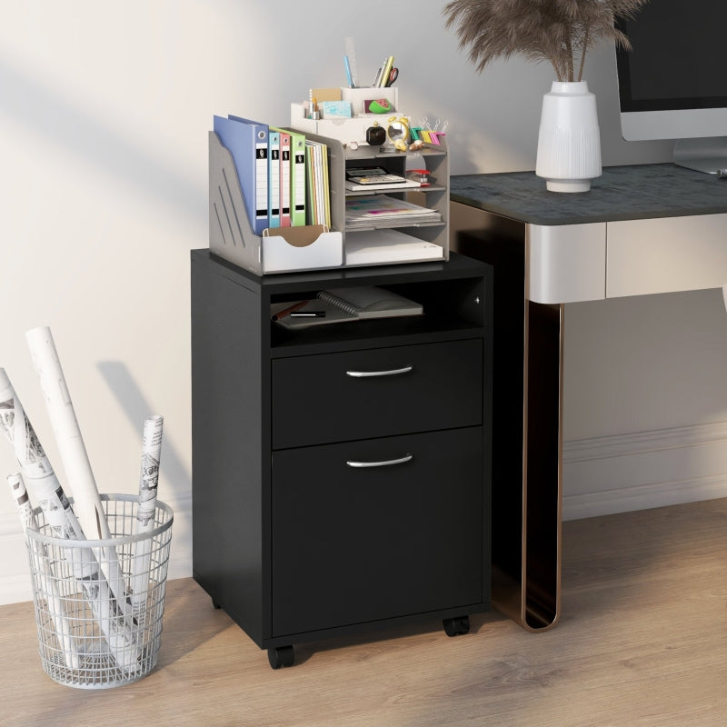 Black 60cm Storage Cabinet with Drawer, Open Shelf, Metal Handles, 4 Wheels - Office Home Organizer