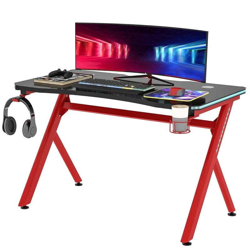 Red Gaming Desk with LED Light and Accessories