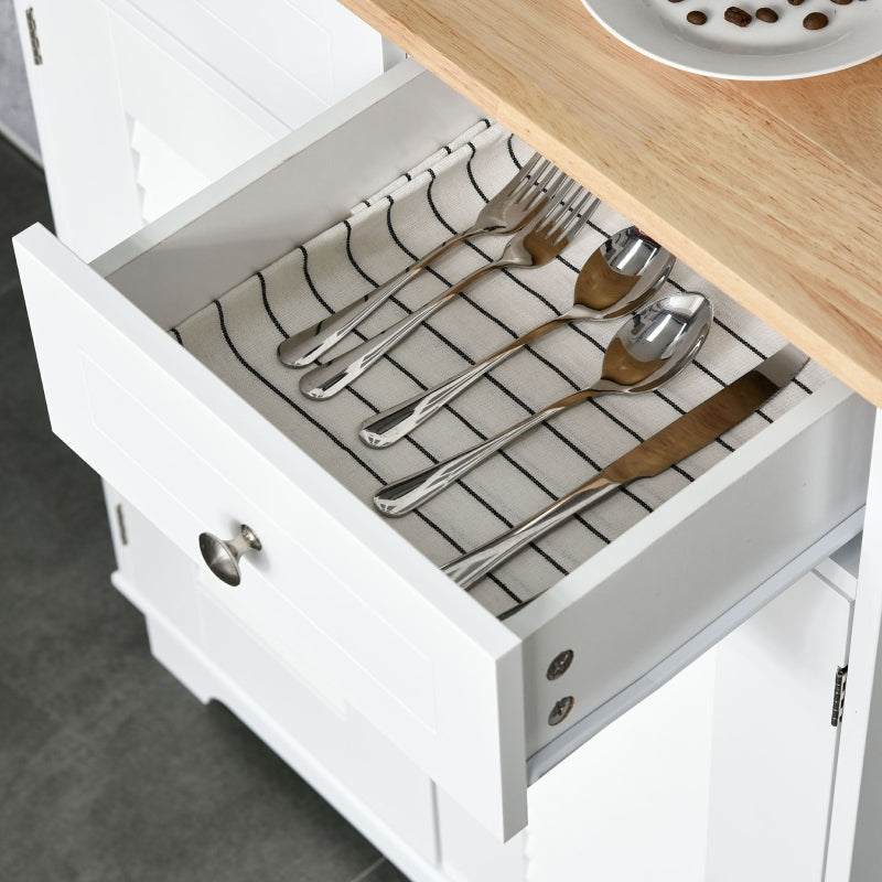 White Louvered Kitchen Storage Cabinet with Glass Doors & Drawers