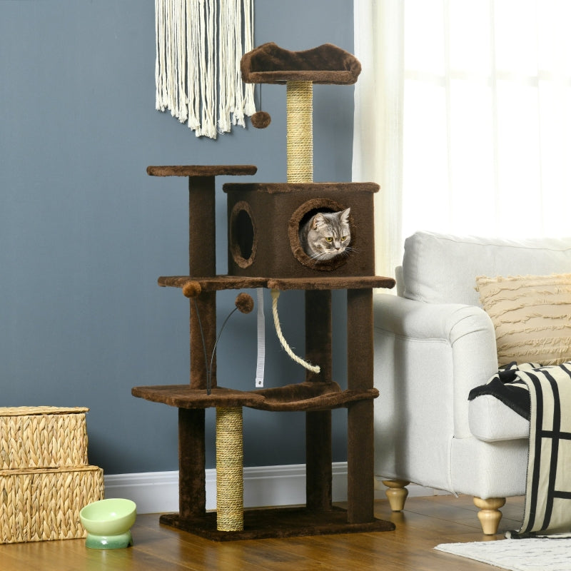 Modern Brown Cat Tree with Scratching Posts and Toy Ball