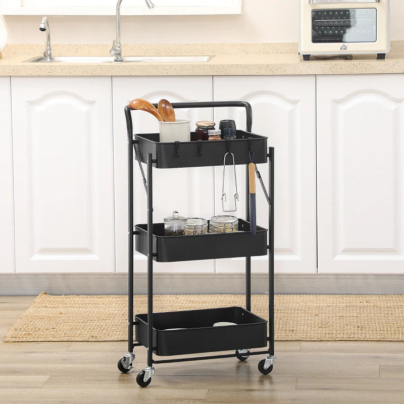 Black 3 Tier Foldable Storage Trolley Cart with Mesh Baskets and Hooks